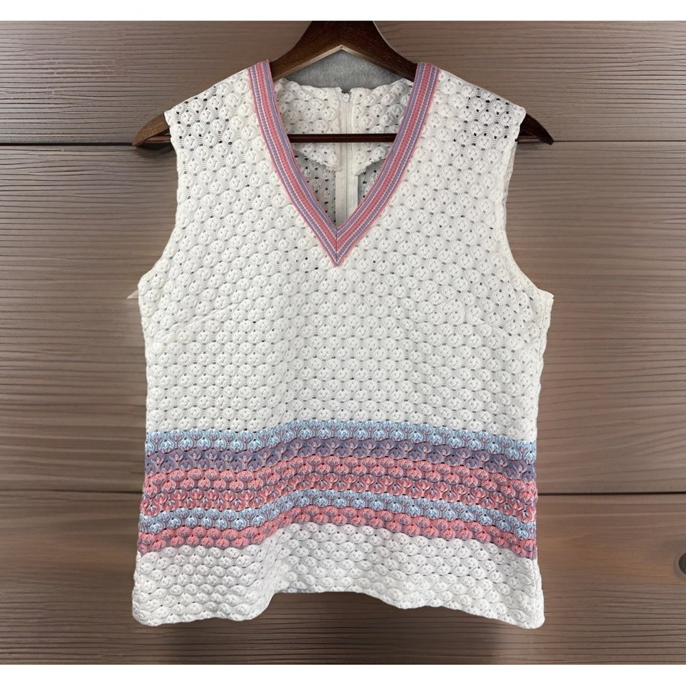Vintage 1960s Tank Top S/M Shell Bubble Knit Tank Pink White Stripe Tennis
